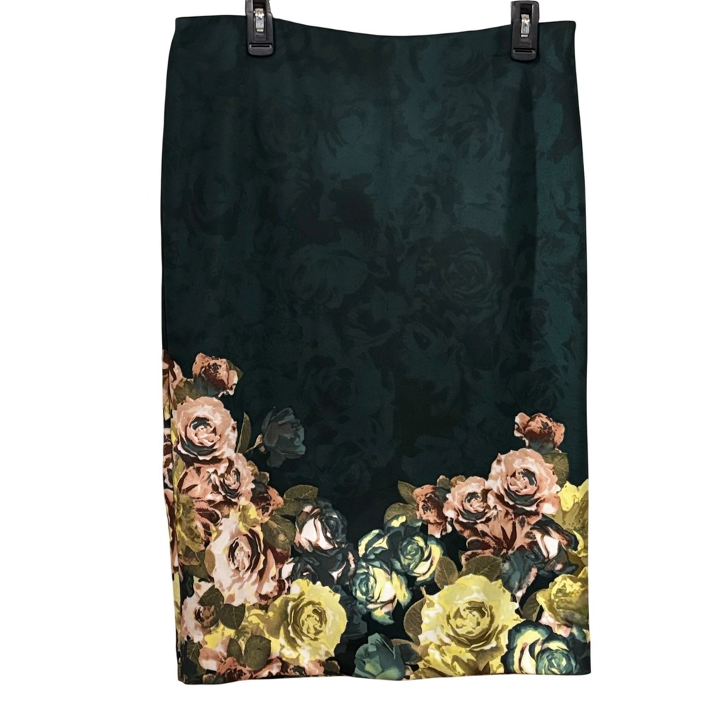 New York & Company Women's Large NWT Dark Green Floral Rose Pencil Skirt